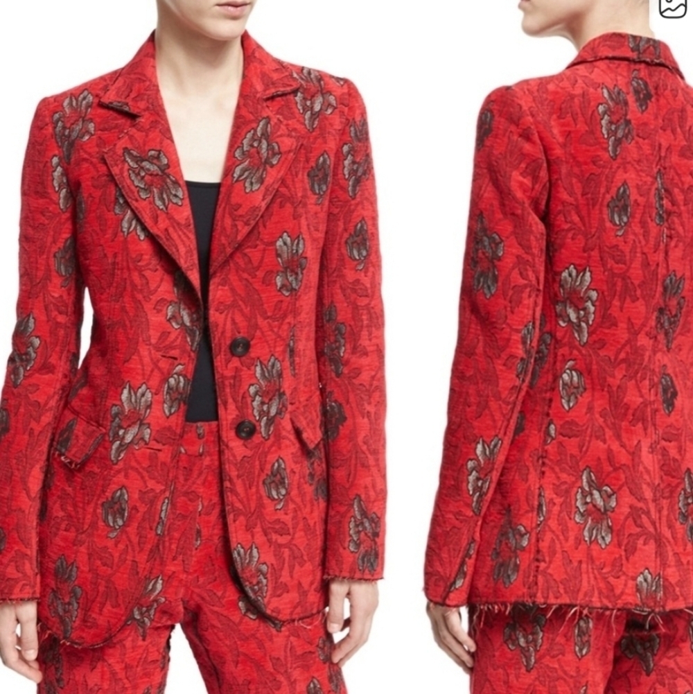 Derek Lam New York Red Velvet Floral Jacquard Blazer Size 8 Button Front